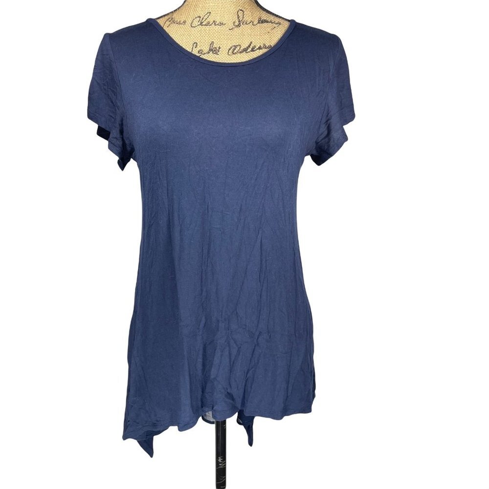 Pebble & Stone Navy Blue Ruffle Back Short Sleeve Tunic Top Size Medium